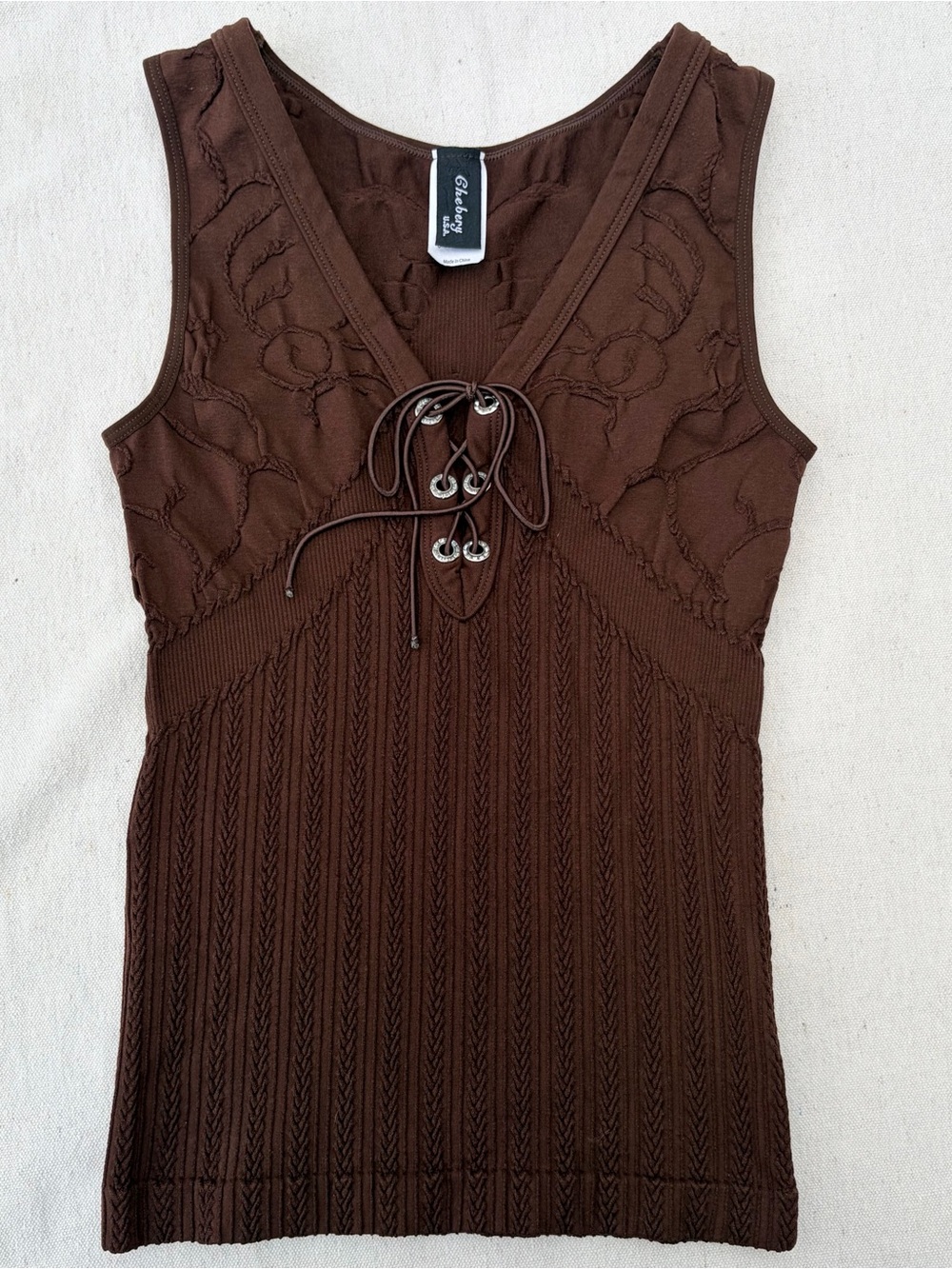 Chebery USA Brown Lace Up Stretchy Tank Top, Y2K Summer Whimsygoth Grunge